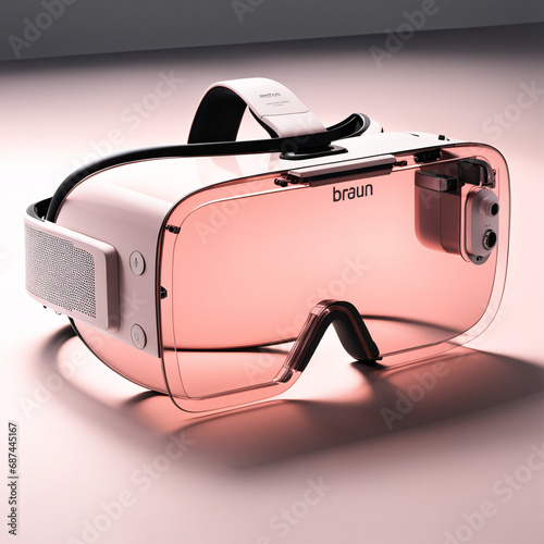A stunning, minimalist, thin lightweight light pink translucent glass VR headset designed by BRAUN, Dieter Rams. Product ad retro. industrial design inspiration. Unreal engine render, natural lighting