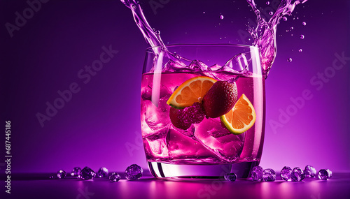 vibrant glowing purple drink, in the style of flat, minimal hero shot in motion, dynamic magazine ad image, photorealism. photo