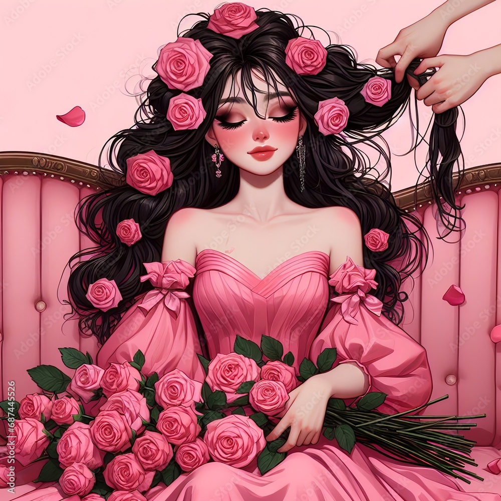 a girl combs her hair wearing roses, pink dress, generative ai a girl combs her hair wearing roses, pink dress, generative ai