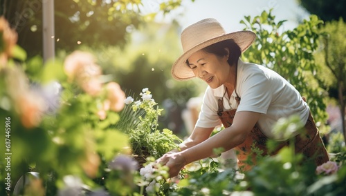 Fototapeta Naklejka Na Ścianę i Meble -  A middle-aged Asian woman in a hat tends to flowers in a sunny garden.