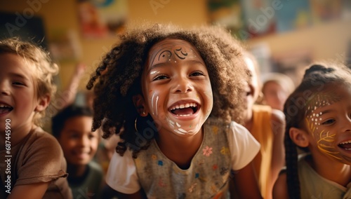 A young girl with curly hair smiles happily while participating in a children's party. © volga