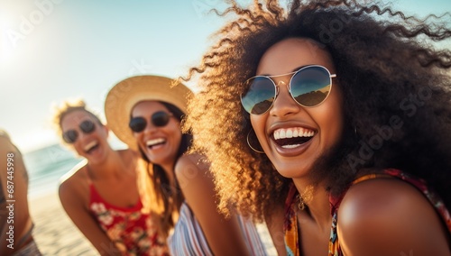 A group of young cheerful people of diverse races enjoys time on a sunny beach.