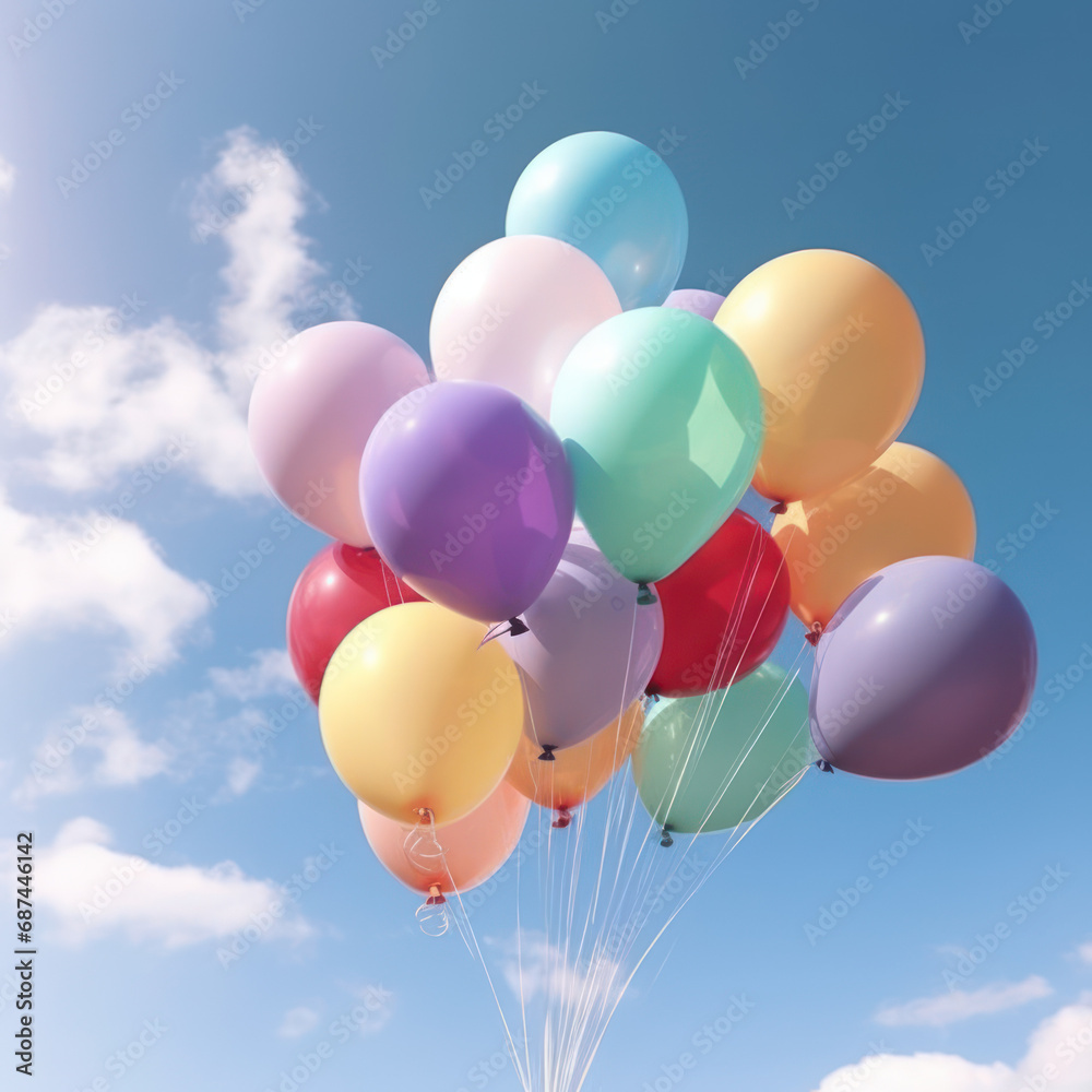 Rainbow-Colored Balloons Soaring Against Clear Blue Sky Rainbow-Colored Balloons Soaring Against Clear Blue Sky