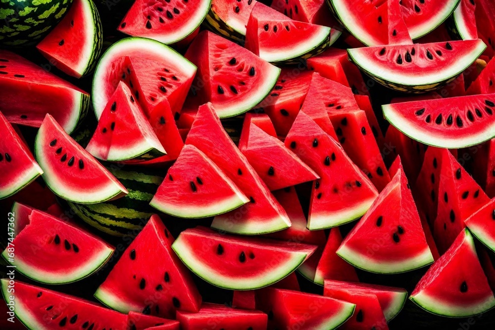 Juicy watermelon slices glistening in the sunlight, ready to refresh.

