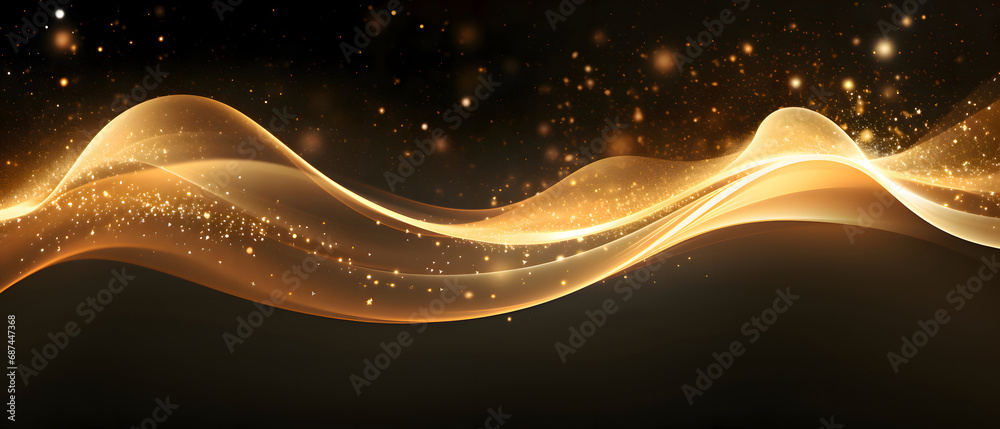 Digital golden particles wave and light abstract wide screen background ...