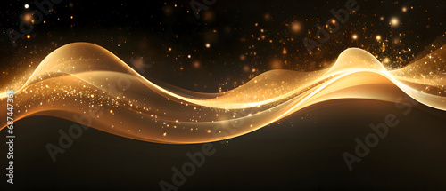 Digital golden particles wave and light abstract wide screen background with shining dots. photo
