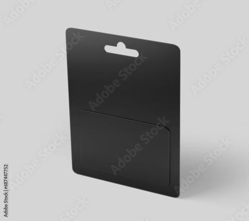 Black Gift Card in Blister Packaging, ID Card, Hotel and Apartment Keycard, Mockup Template, 3d Rendered isolated on Light background. 