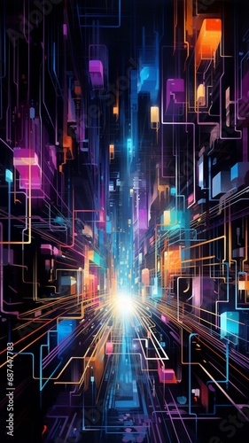 A surreal symphony of neon lines converging and diverging  creating an intricate web of luminous pathways.