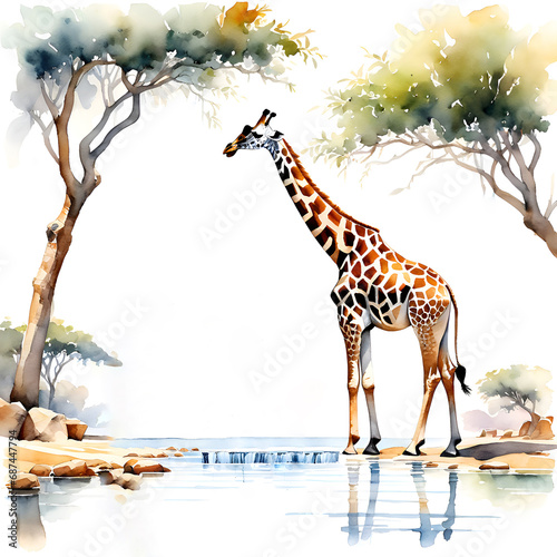 Giraffes at a watering hole.