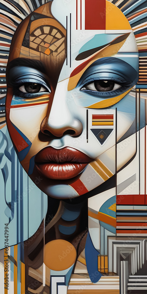 Geometric Woman in Vibrant Colors, with a headphone, Abstract Head with Shapes, Colorful Circles and Triangles Portrait, Modern Artistic Female Portrait, Mosaic of Shapes Woman's Head Geometric Woman in Vibrant Colors, with a headphone, Abstract Head with Shapes, Colorful Circles and Triangles Portrait, Modern Artistic Female Portrait, Mosaic of Shapes Woman's Head