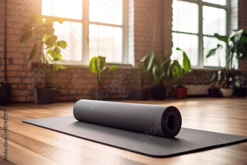 yoga mat awaits in a sunny, plant filled room, inviting a moment of fitness