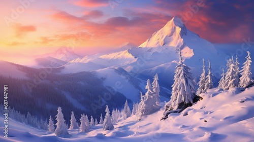 sunrise in mountains in winter session tree covered with snow generated by AI tool © Sundas