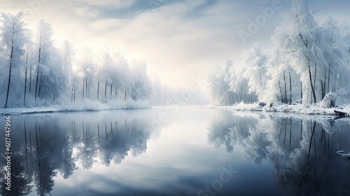 beautiful tree covered with snow in winter session with lake nature view generated by AI tool © Sundas