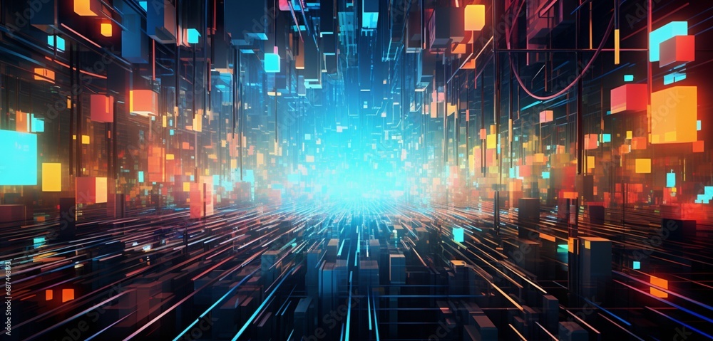 A surreal symphony of neon lines converging and diverging, creating an intricate web of luminous pathways in a pixelated reality.