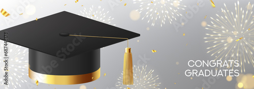 Greeting banner for graduation. Vector illustration with graduation cap, golden confetti and sparkling fireworks for decoration of degree ceremony. Design of congratulation of graduates.