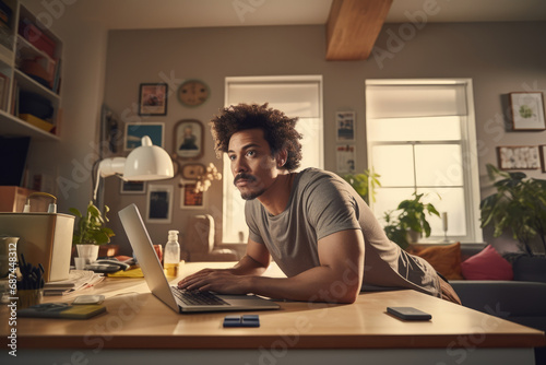 young Hispanic man concentrates on his laptop in a well decorated home office space