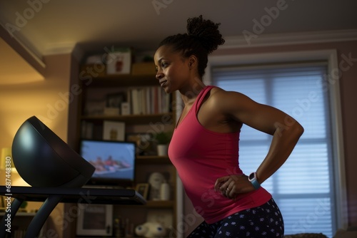 African american pregnant woman exercising on a treadmill at home