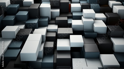 Chaotic 3D rendering of a monochrome geometric patte