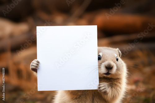 Funny baby groundhog holding a blank poster. Copy space for your text photo