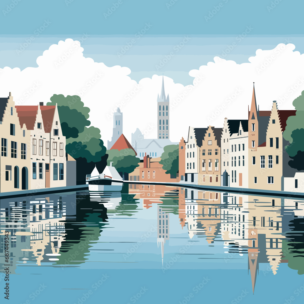 Obraz premium copy space, simple vector illustration, typical view of the canals in Bruges, Belgium. hand drawn, view of the typical canals in the city centre of Bruges, Belgium. Famous touristic spot. Must-see tou