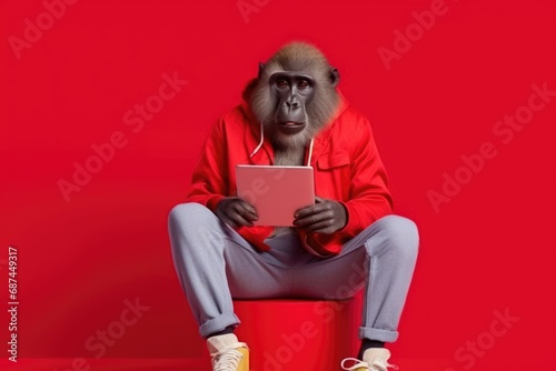 fashion model ape holding tablet and posing on red background. Studio shot for advertisement, cover, print