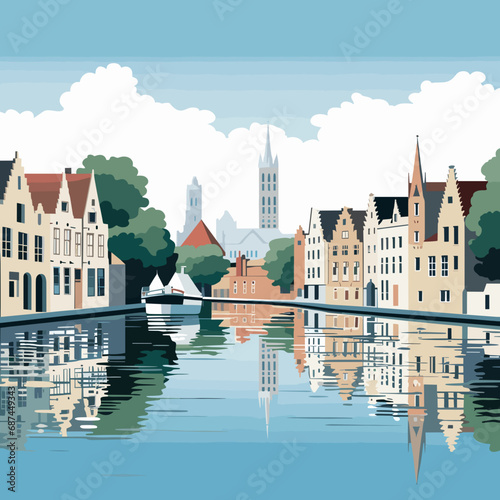copy space, simple vector illustration, typical view of the canals in Bruges, Belgium. hand drawn, view of the typical canals in the city centre of Bruges, Belgium. Famous touristic spot. Must-see tou