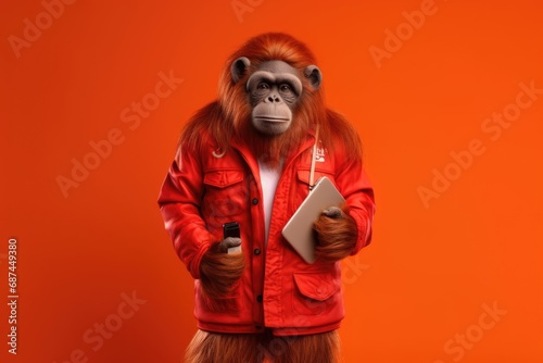 fashion model orangutan holding tablet and posing on red background. Studio shot for advertisement, cover, print