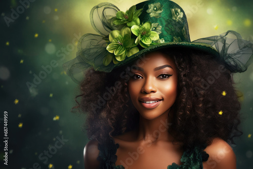 Beautiful afro american woman with red hair in green dress and green hat. Saint Patricks day photo