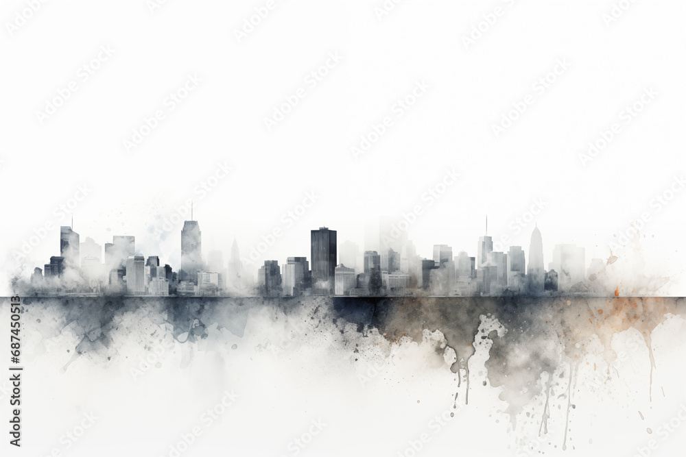 Watercolor Cityscape Canvas, Panorama with Silhouettes, Watercolor Skyline Illustration