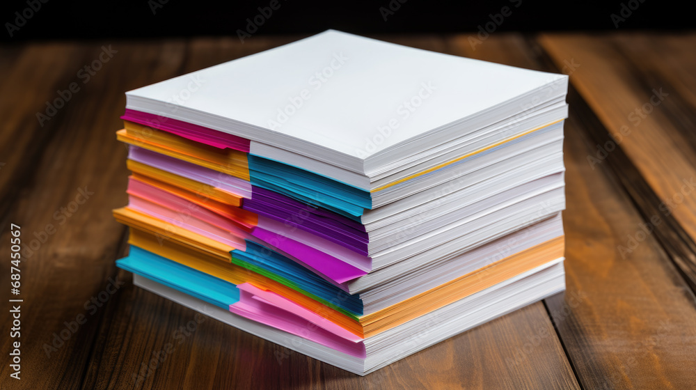 Stack of multi-colored folders and documents on a wooden office desk, indicating a substantial amount of paperwork. Stack of multi-colored folders and documents on a wooden office desk, indicating a substantial amount of paperwork.