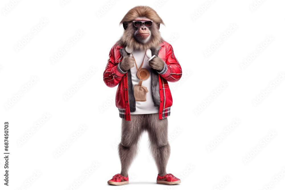 Monkey in red clothes posing like fashion model on white background Monkey in red clothes posing like fashion model on white background