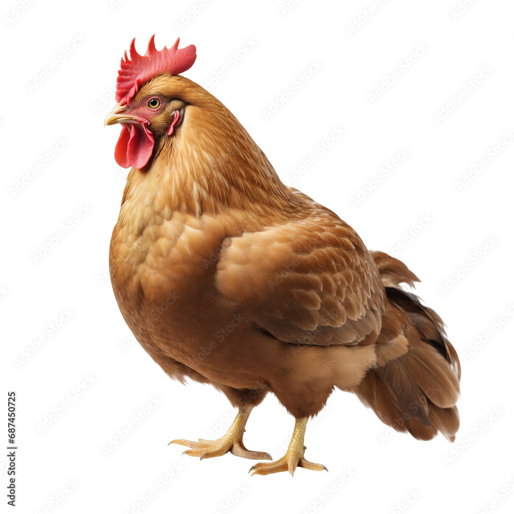 Fototapeta premium a close-up of full body of brown or red chicken hen standing isolated on a transparent PNG or white background.