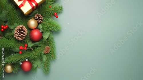 Christmas Day concept. Top view photo of big present box green red baubles gold star ornament pine cone mistletoe berries snow and fir branches made by generative ai