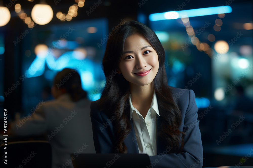 Fototapeta premium A cheerful young woman diligently typing on her laptop in a contemporary office at night, surrounded by a shimmering sea of bokeh lights. Generative AI.