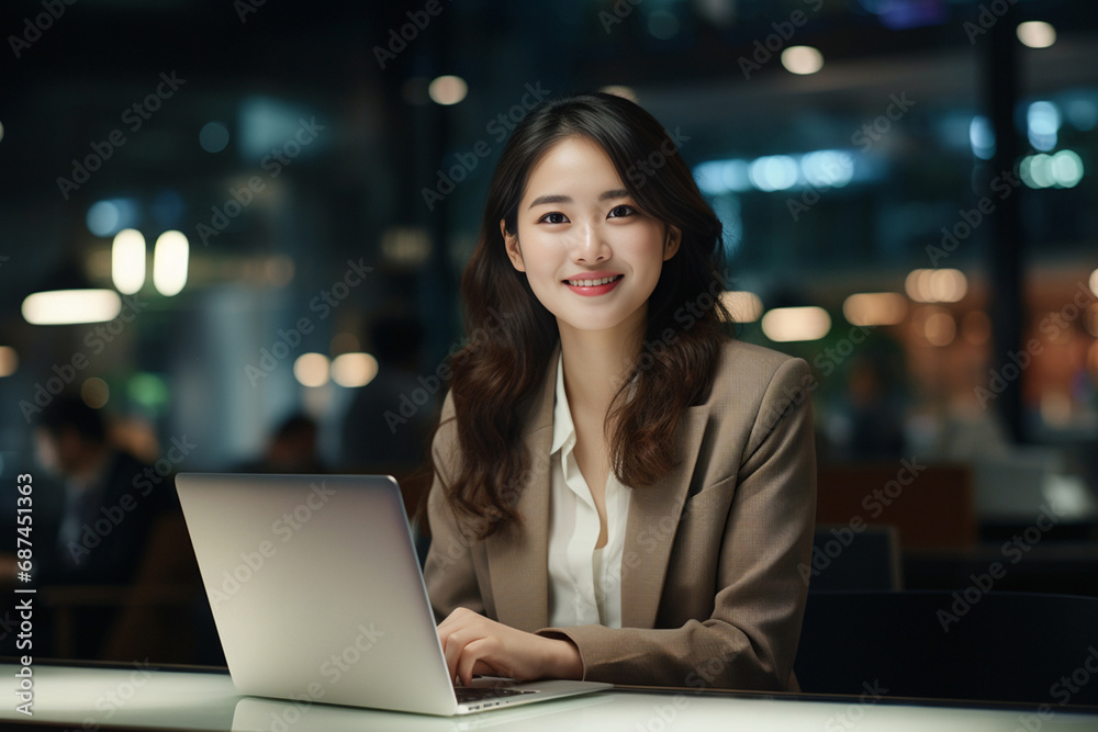 A cheerful young woman diligently typing on her laptop in a contemporary office at night, surrounded by a shimmering sea of bokeh lights. Generative AI. A cheerful young woman diligently typing on her laptop in a contemporary office at night, surrounded by a shimmering sea of bokeh lights. Generative AI.