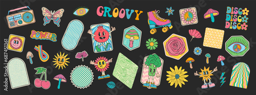 Groovy doodles set. Hippie retro stickers. 70s groovy style. Retro groovy stickers. 60s doodle patch badges. Vintage cartoon characters. © ADELART