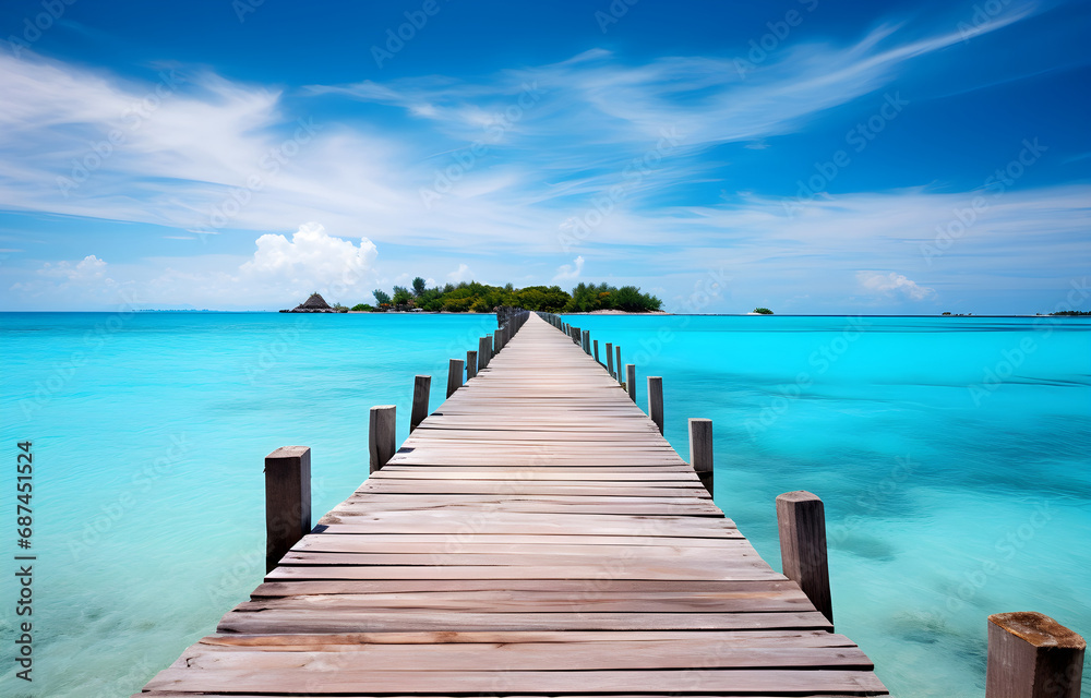 wooden bridge with beautiful turquoise ocean and island for travel vacation card design