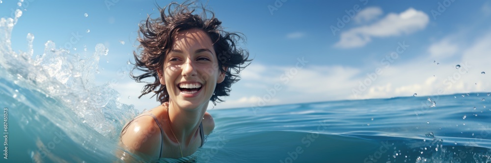 Joyful woman swimming in the sea - obrazy, fototapety, plakaty 