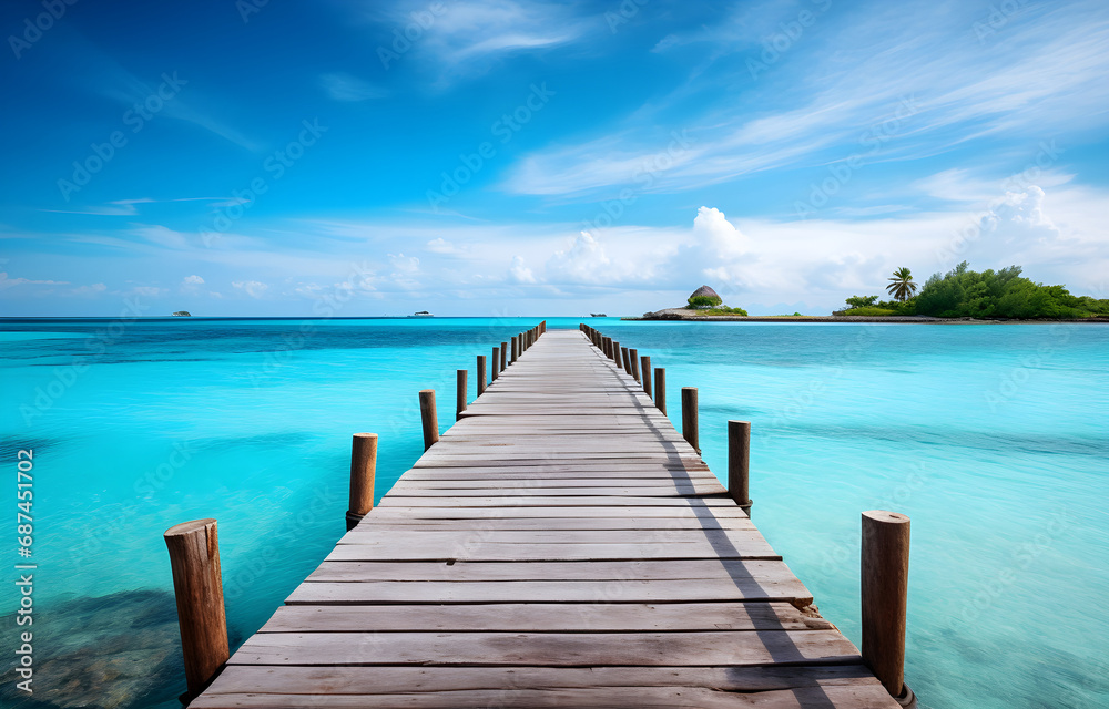 wooden bridge with beautiful turquoise ocean and island for travel vacation card design