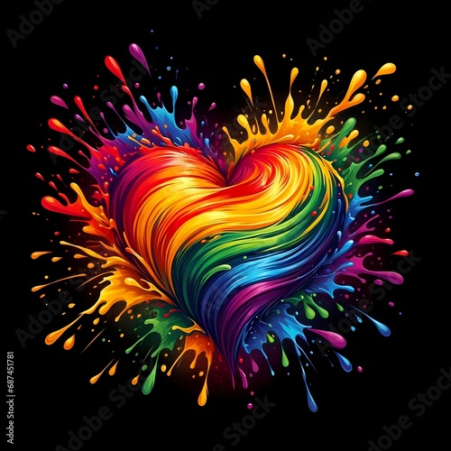 Vibrant rainbow flag embraced in the shape of a heart, representing love for LGBTQ.  Pride community. Splash art.