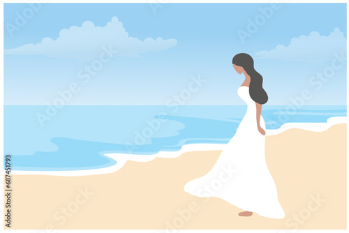 Beautiful woman in white dress on the beach vector illustration. Summer holidays beach and lonliness concept