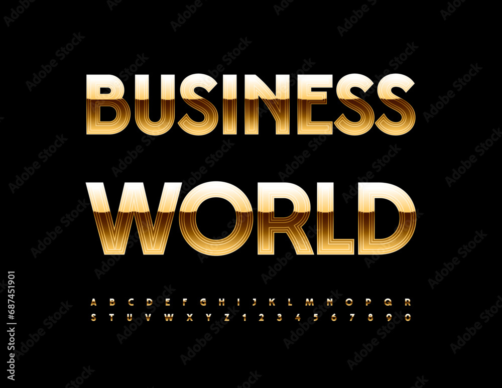 Vector trendy logo Business World. Exclusive Gold Font. Modern Alphabet Letters and Numbers set Vector trendy logo Business World. Exclusive Gold Font. Modern Alphabet Letters and Numbers set