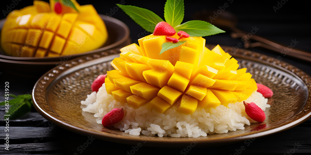 Colorful Indonesian Rice Dish Images .mango and pineapple dessert.AI Generative 
