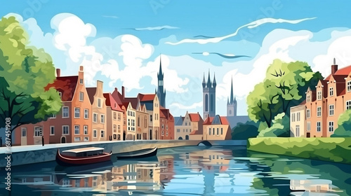 copy space, simple vector illustration, typical view of the canals in Bruges, Belgium. hand drawn, view of the typical canals in the city centre of Bruges, Belgium. Famous touristic spot. Must-see tou photo