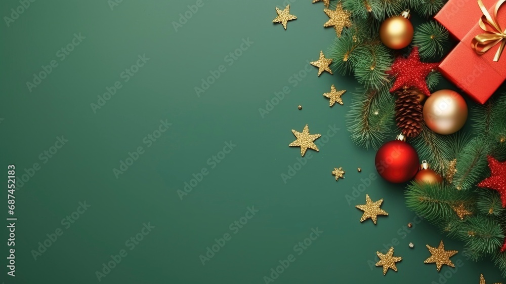Christmas Day concept. Top view photo of big present box green red baubles gold star ornament pine cone mistletoe berries snow and fir branches made by generative ai Christmas Day concept. Top view photo of big present box green red baubles gold star ornament pine cone mistletoe berries snow and fir branches made by generative ai