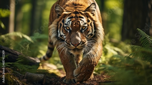 An Amur tiger roaming through a forest © ProVector