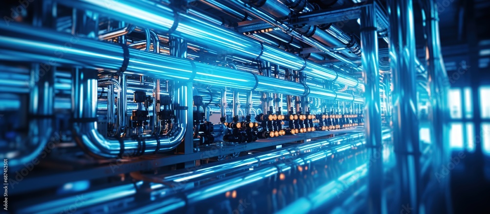 Futuristic Industrial Pipes with Blue Neon Lights