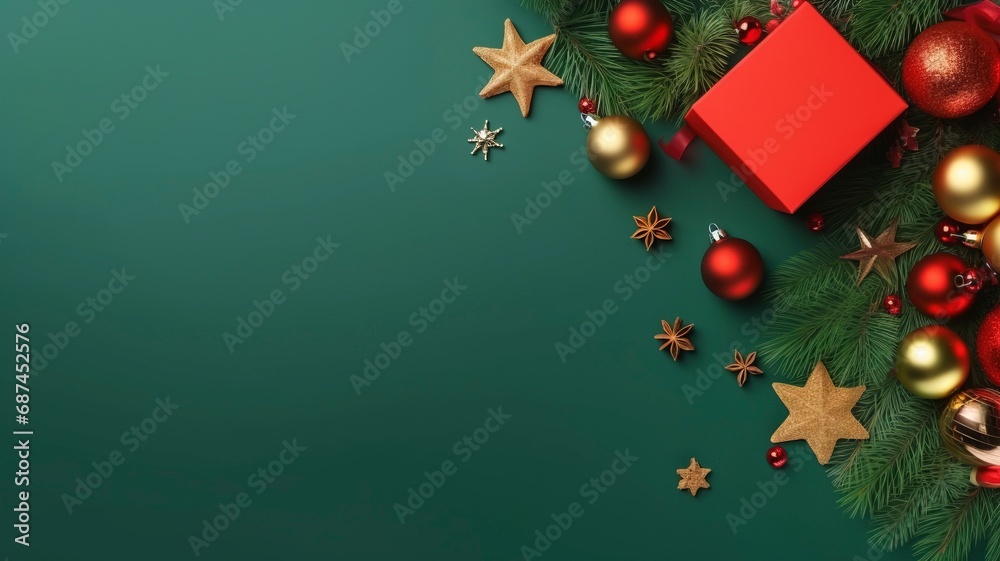 Christmas Day concept. Top view photo of big present box green red baubles gold star ornament pine cone mistletoe berries snow and fir branches made by generative ai Christmas Day concept. Top view photo of big present box green red baubles gold star ornament pine cone mistletoe berries snow and fir branches made by generative ai