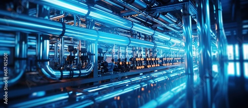Futuristic Industrial Pipes with Blue Neon Lights
