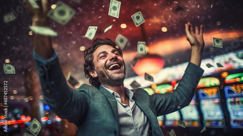 Homme gagnant au casino, gain en argent (pièces et billets), blackjack, roulette et machine à sous. photo